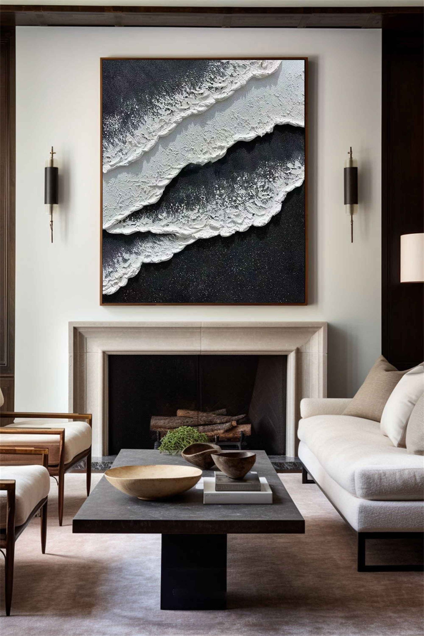 Monochrome Seascape Oil Painting with Textured Waves and Elegance