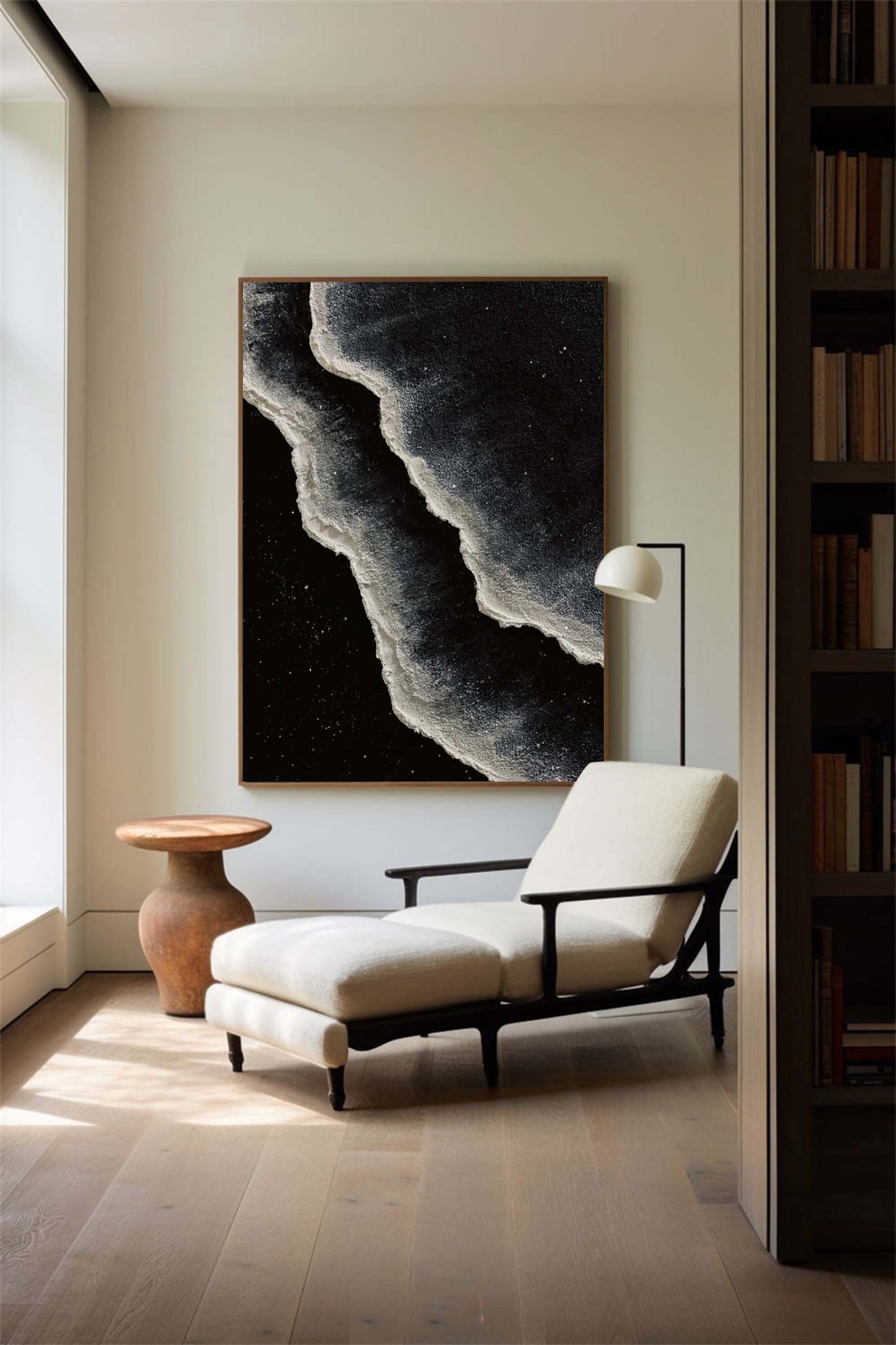 Monochrome Coastal Waves Oil Painting - Modern Black and White Art for Home Décor