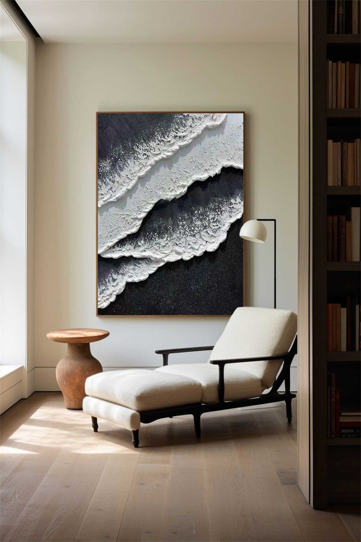 Monochrome Seascape Oil Painting with Textured Waves and Elegance