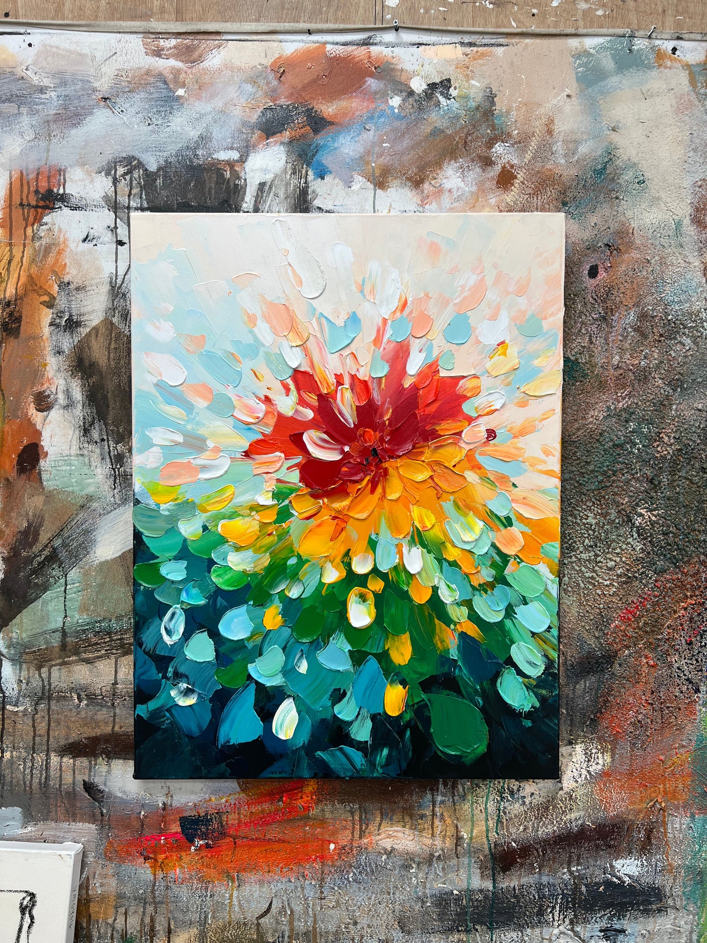 Vibrant Floral Oil Painting with Bold Colors and Textured Brushwork
