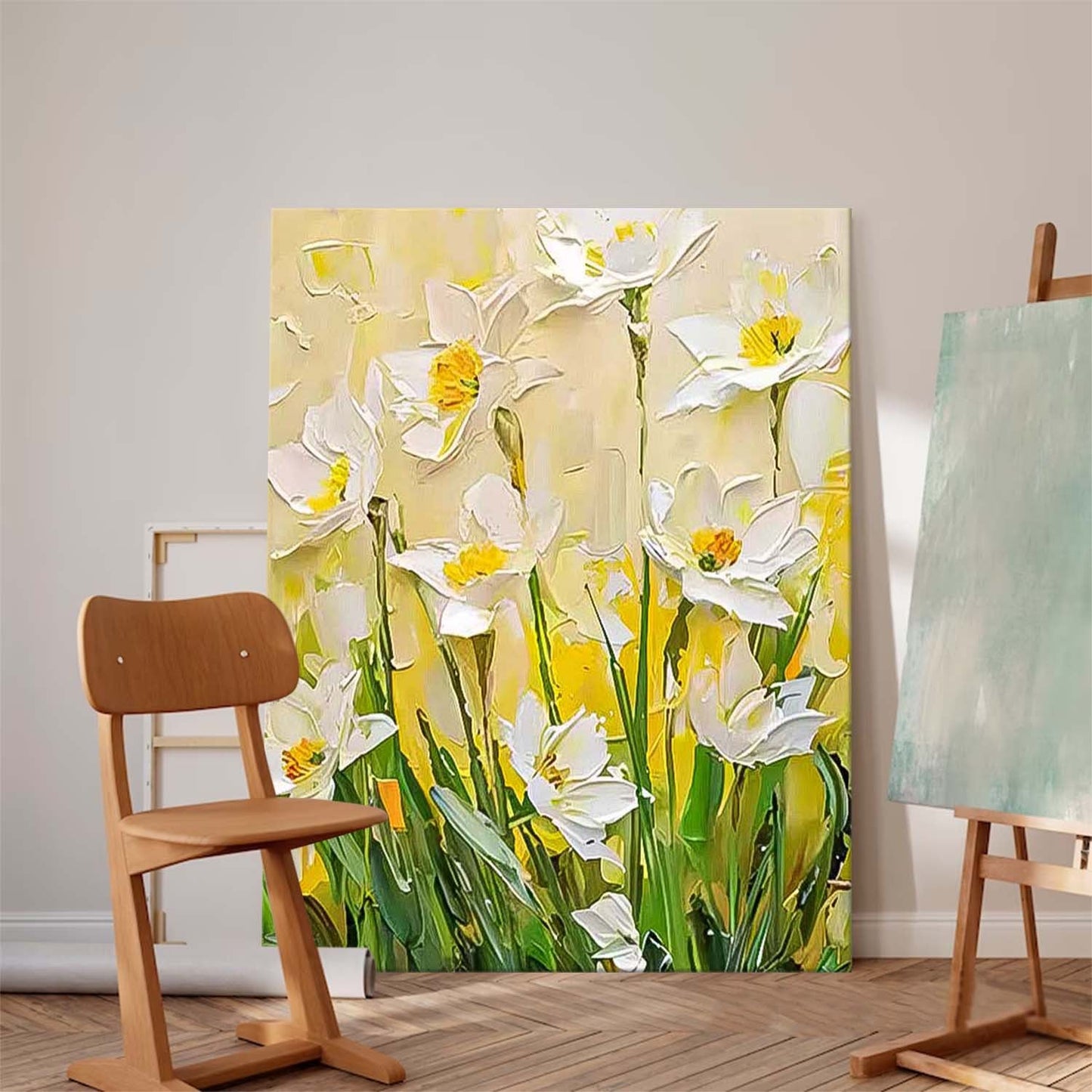 Bright White Floral Oil Painting for Home Decor and Art Collectors