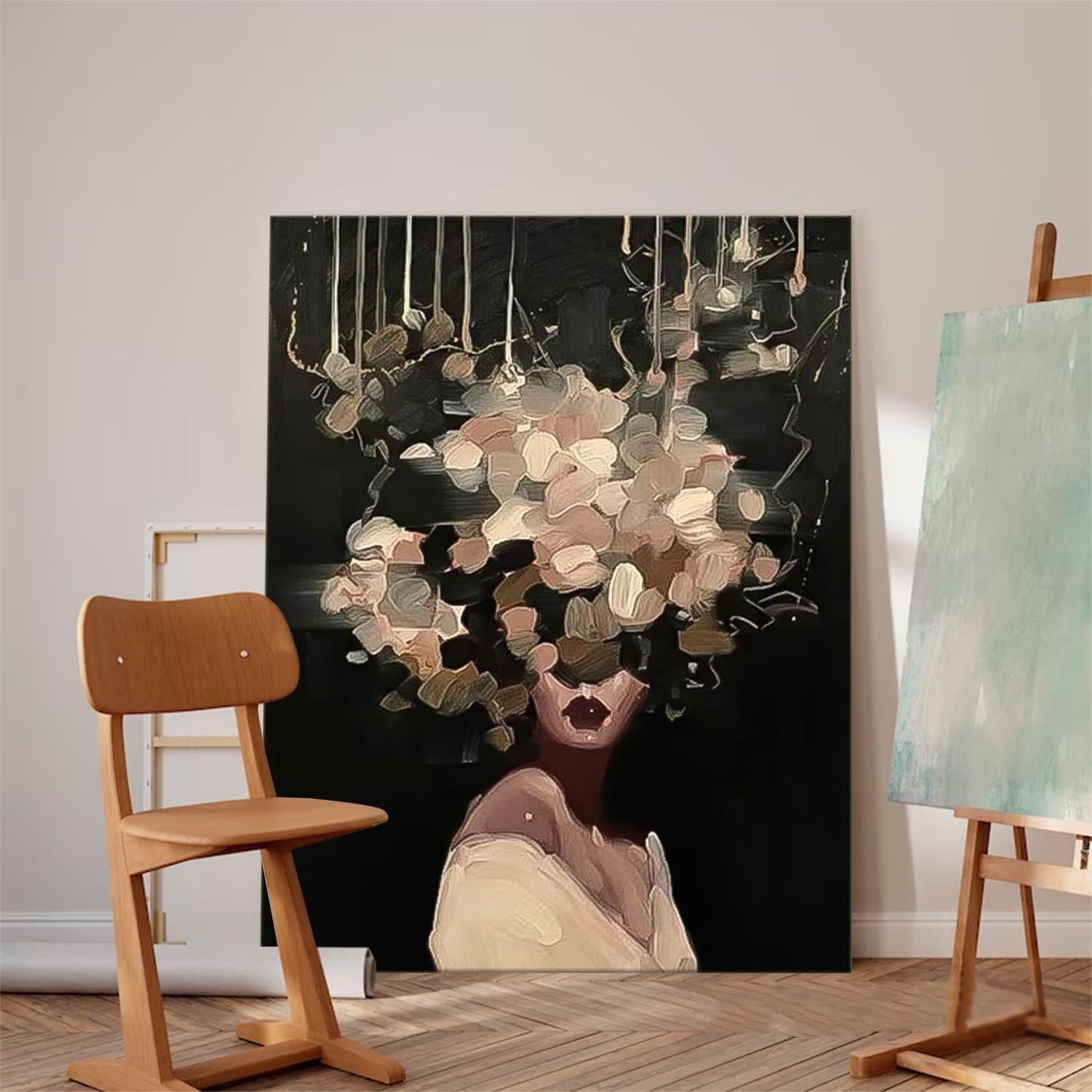 Elegant Woman with Floral Headpiece - Modern Oil Painting for Home Decor