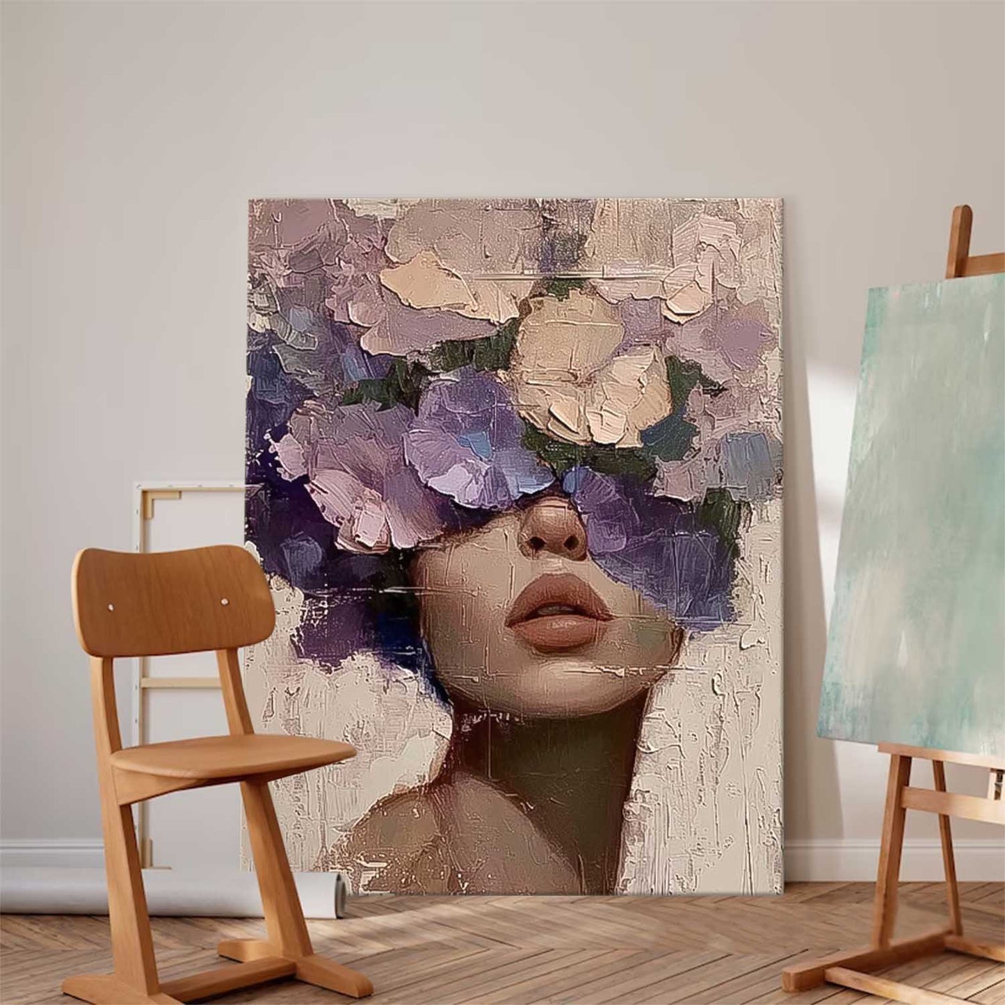 Floral Portrait Oil Painting - Elegant Woman with Flower Crown Canvas Art