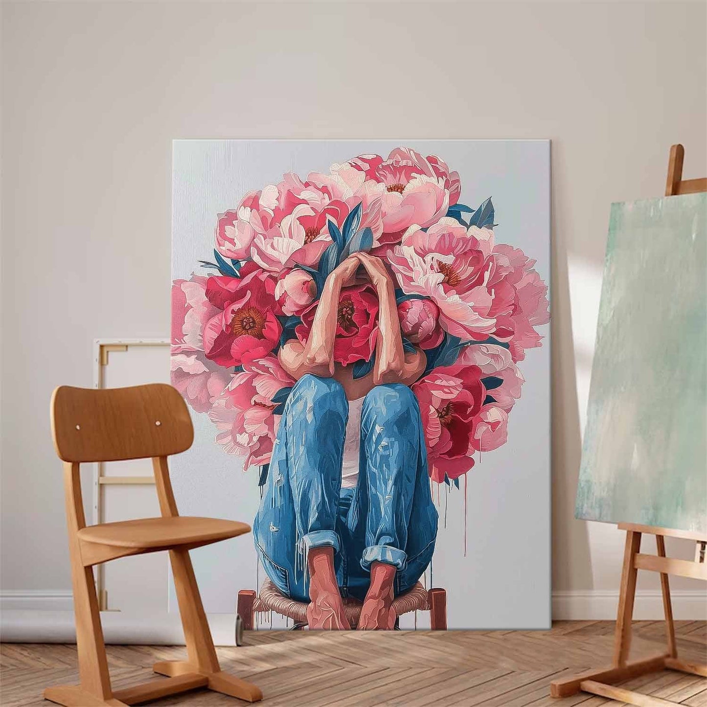 Floral Embrace: Vibrant Oil Painting of a Woman Surrounded by Blossoming Flowers