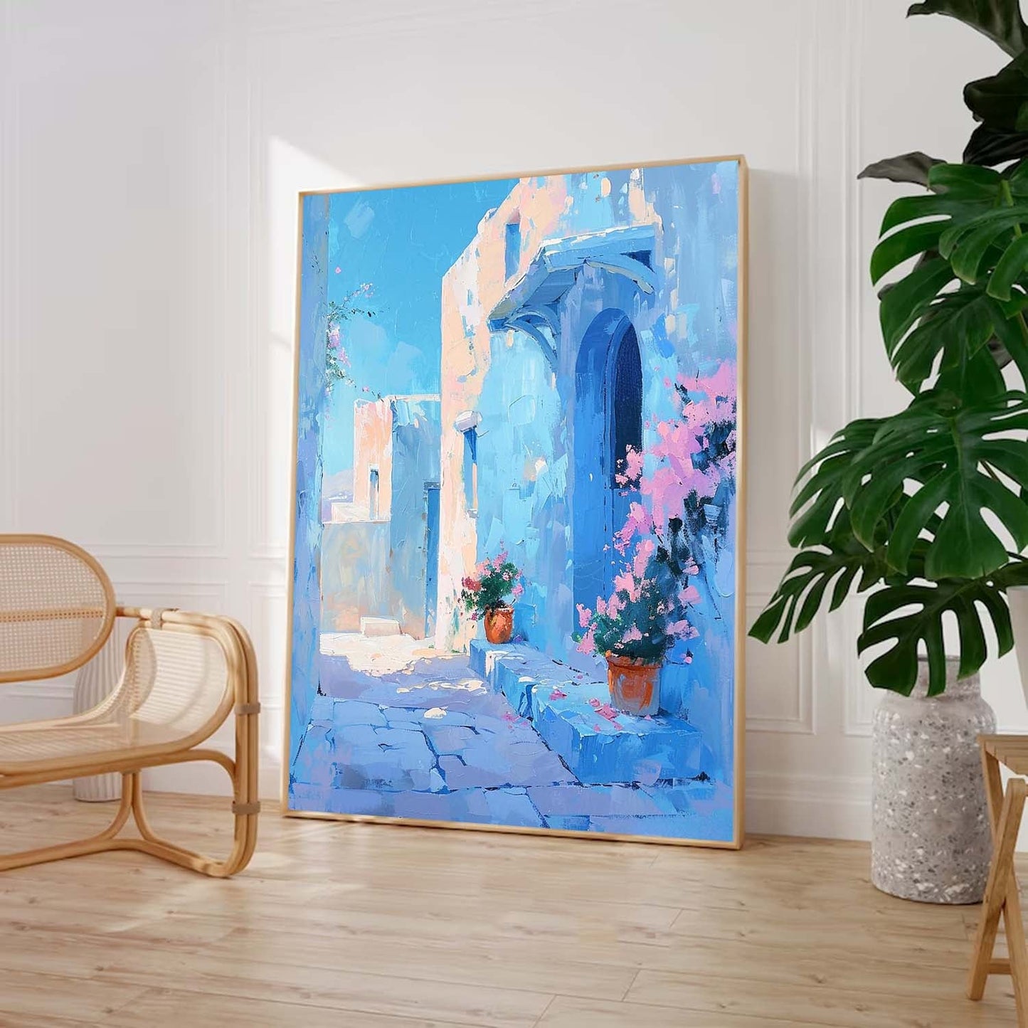 Charming Blue Alleyway Oil Painting with Flower Pots and Architecture