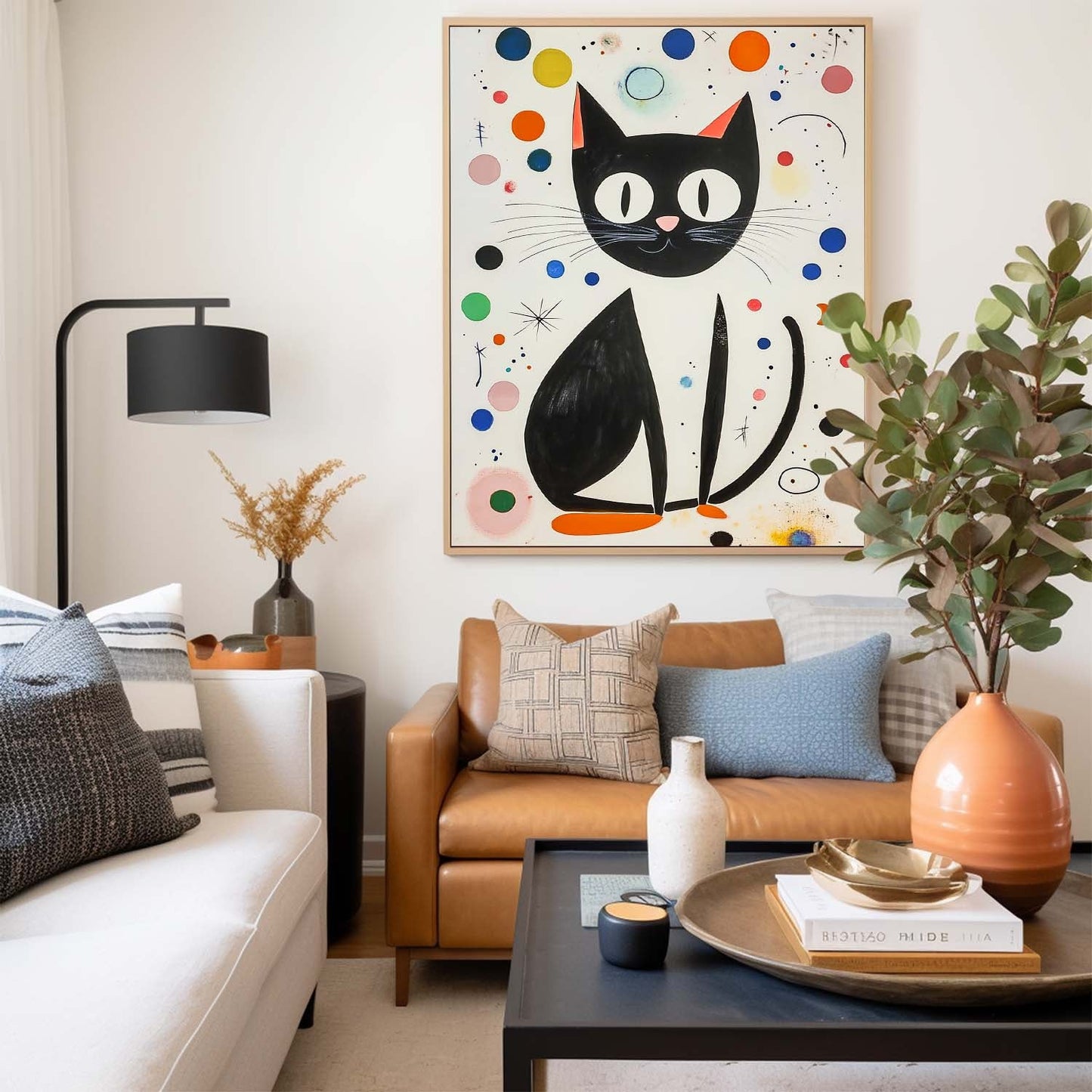 Charming Black Cat Oil Painting with Colorful Abstract Background