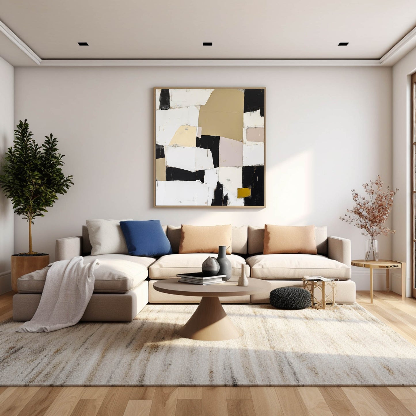 Contemporary Abstract Oil Painting in Black, White, and Gold Tones for Modern Interiors
