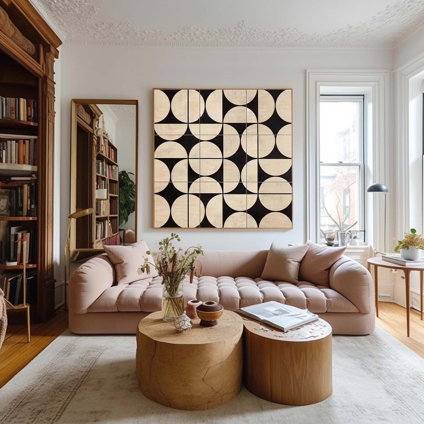 Contemporary Black and White Geometric Oil Painting for Modern Interiors
