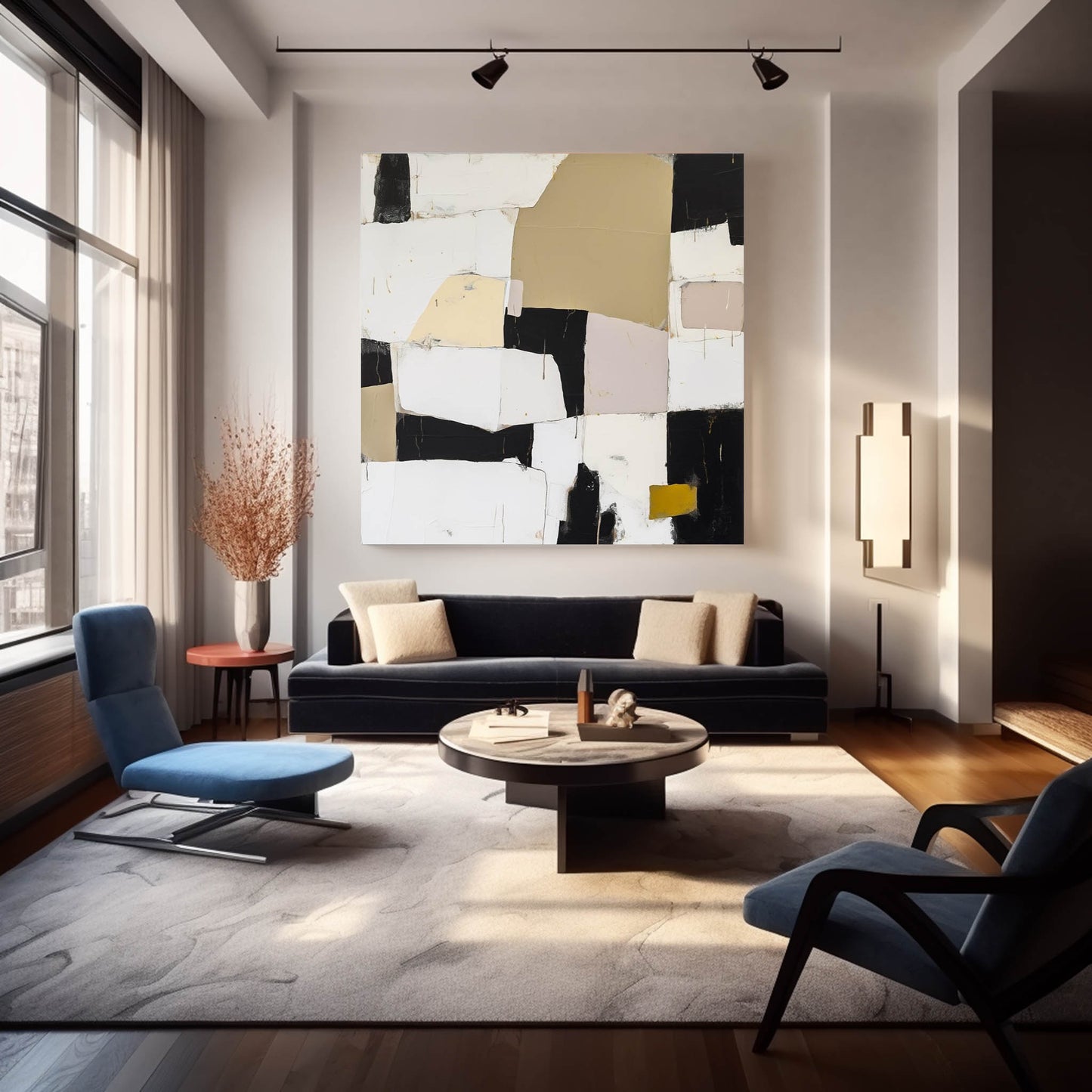 Contemporary Abstract Oil Painting in Black, White, and Gold Tones for Modern Interiors