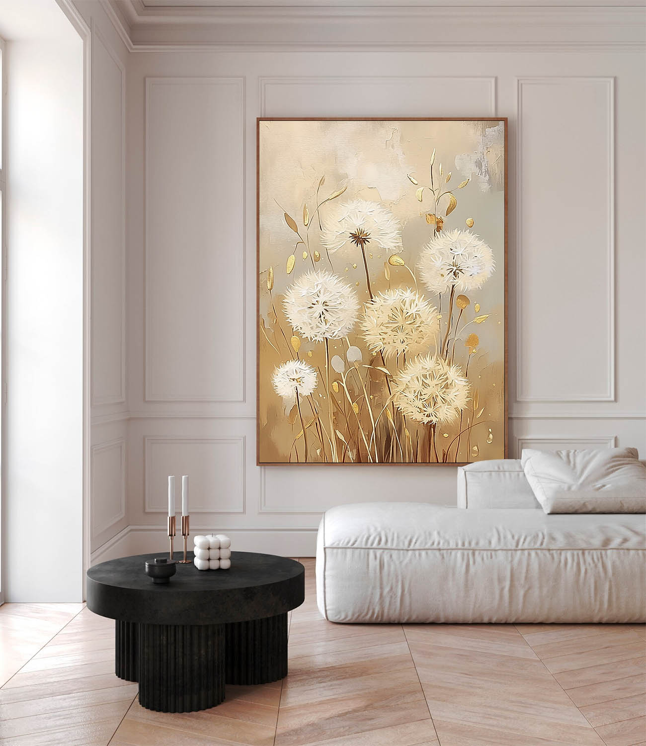 Elegant White Dandelion Flowers Oil Painting for Chic Home Decor