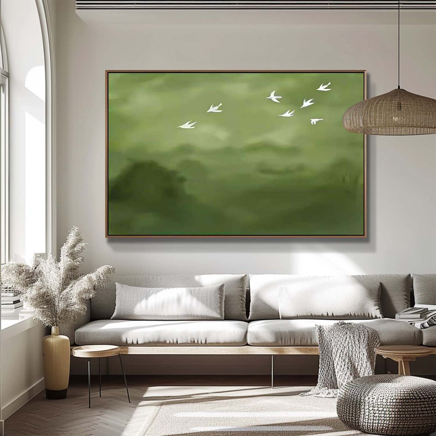 Serene Birds in Flight: Elegant Minimalist Oil Painting for Tranquil Home Decor