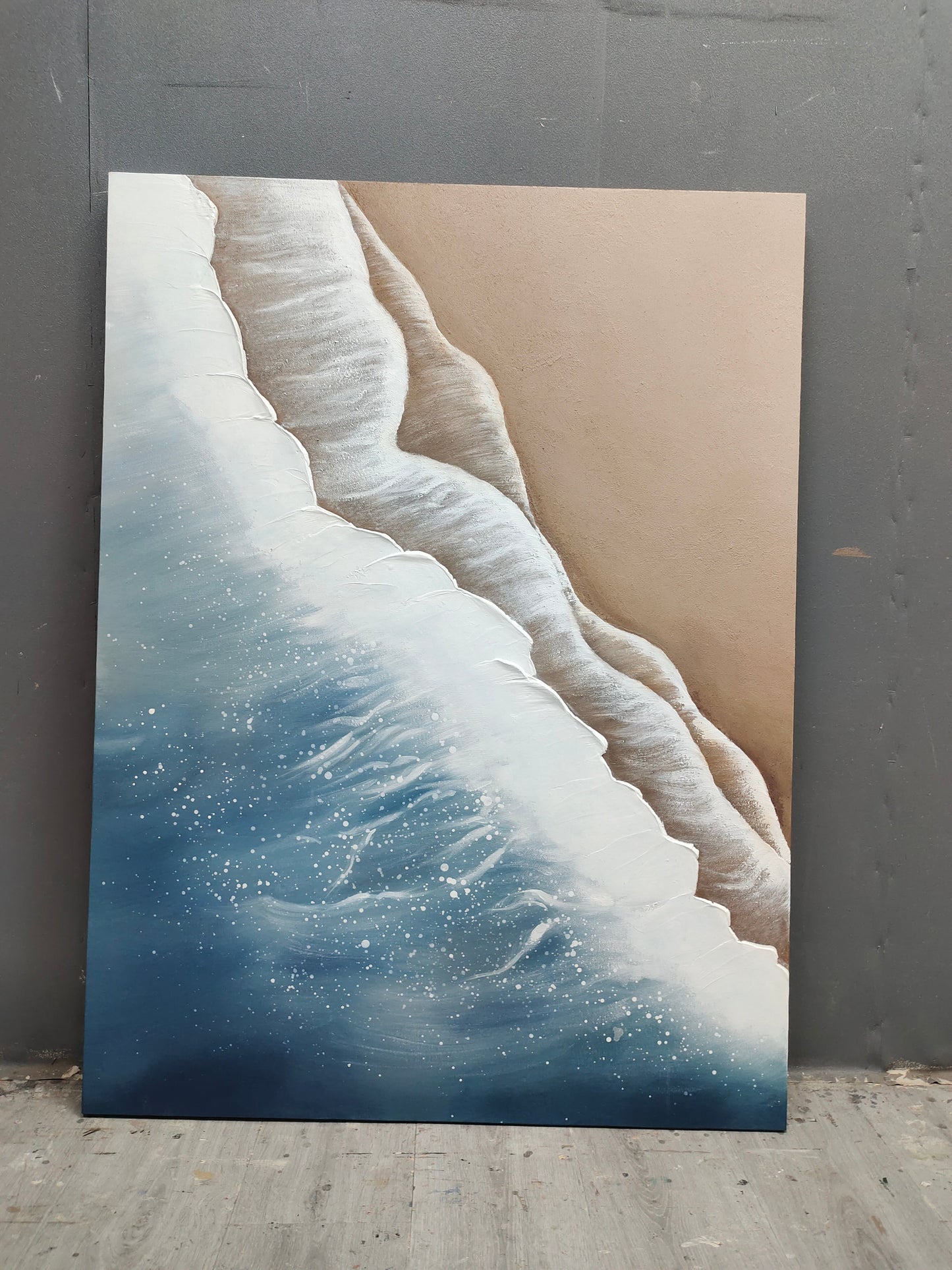 Coastal Serenity: Textured Ocean Waves and Sandy Shore Oil Painting