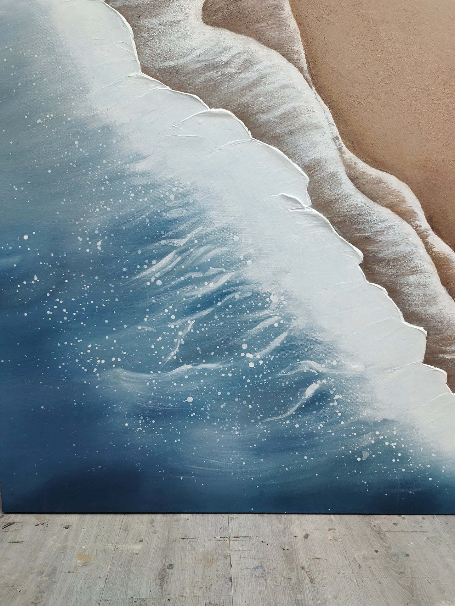 Coastal Serenity: Textured Ocean Waves and Sandy Shore Oil Painting