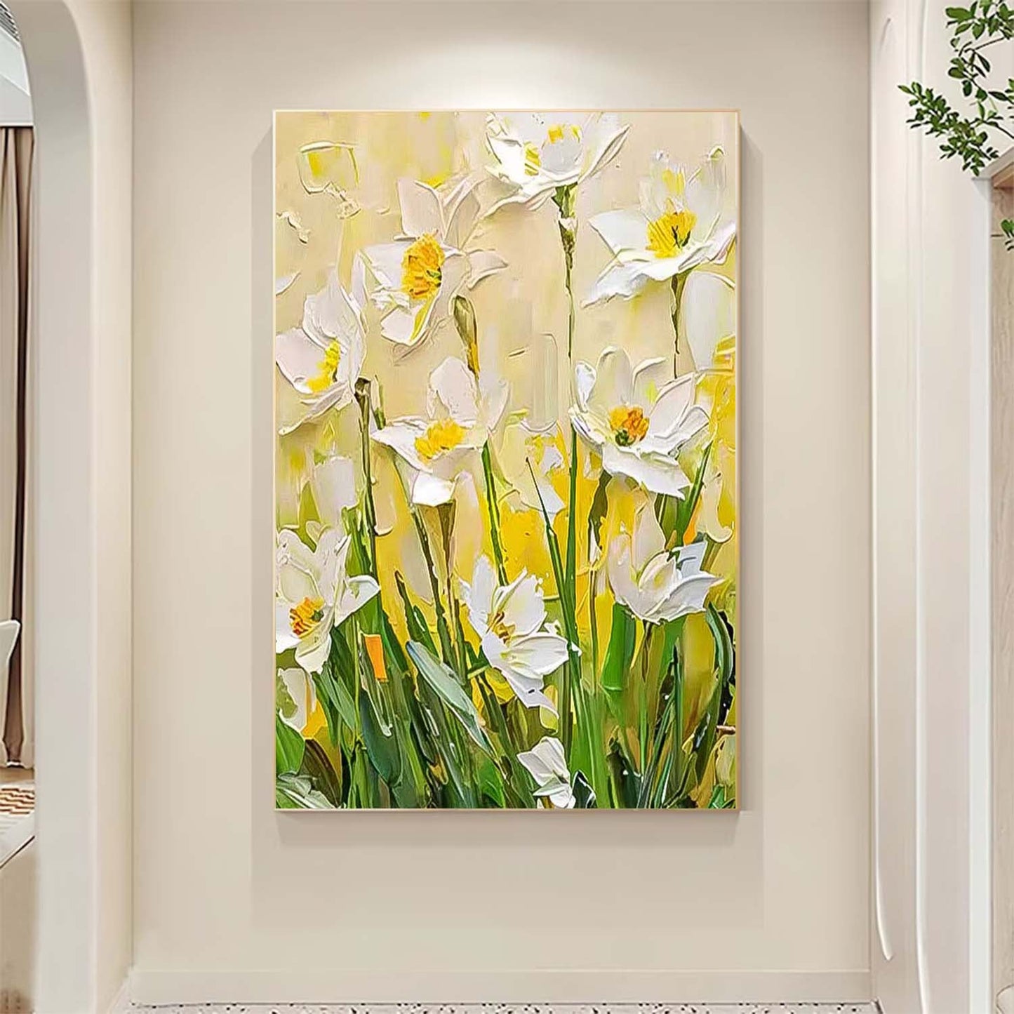 Bright White Floral Oil Painting for Home Decor and Art Collectors