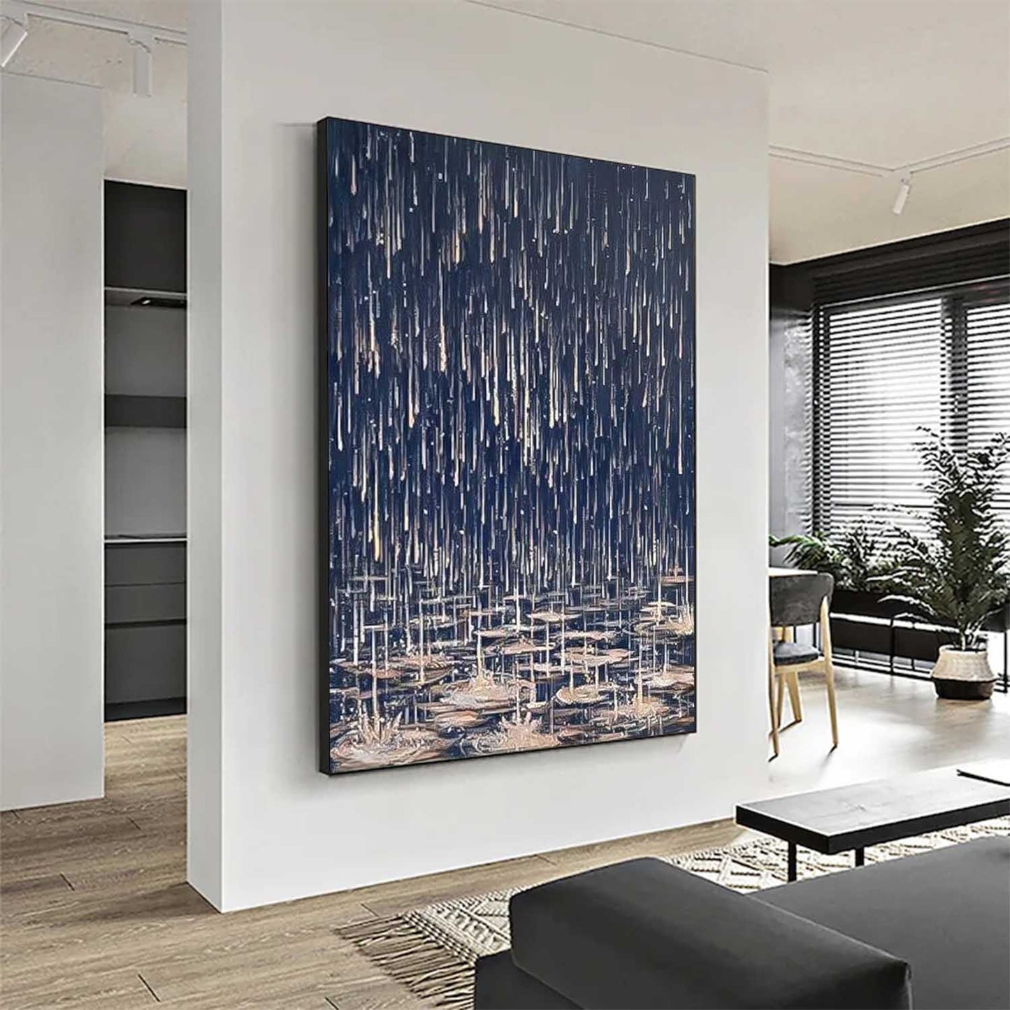 Modern Abstract Oil Painting with Water Lilies and Dark Melancholic Rain
