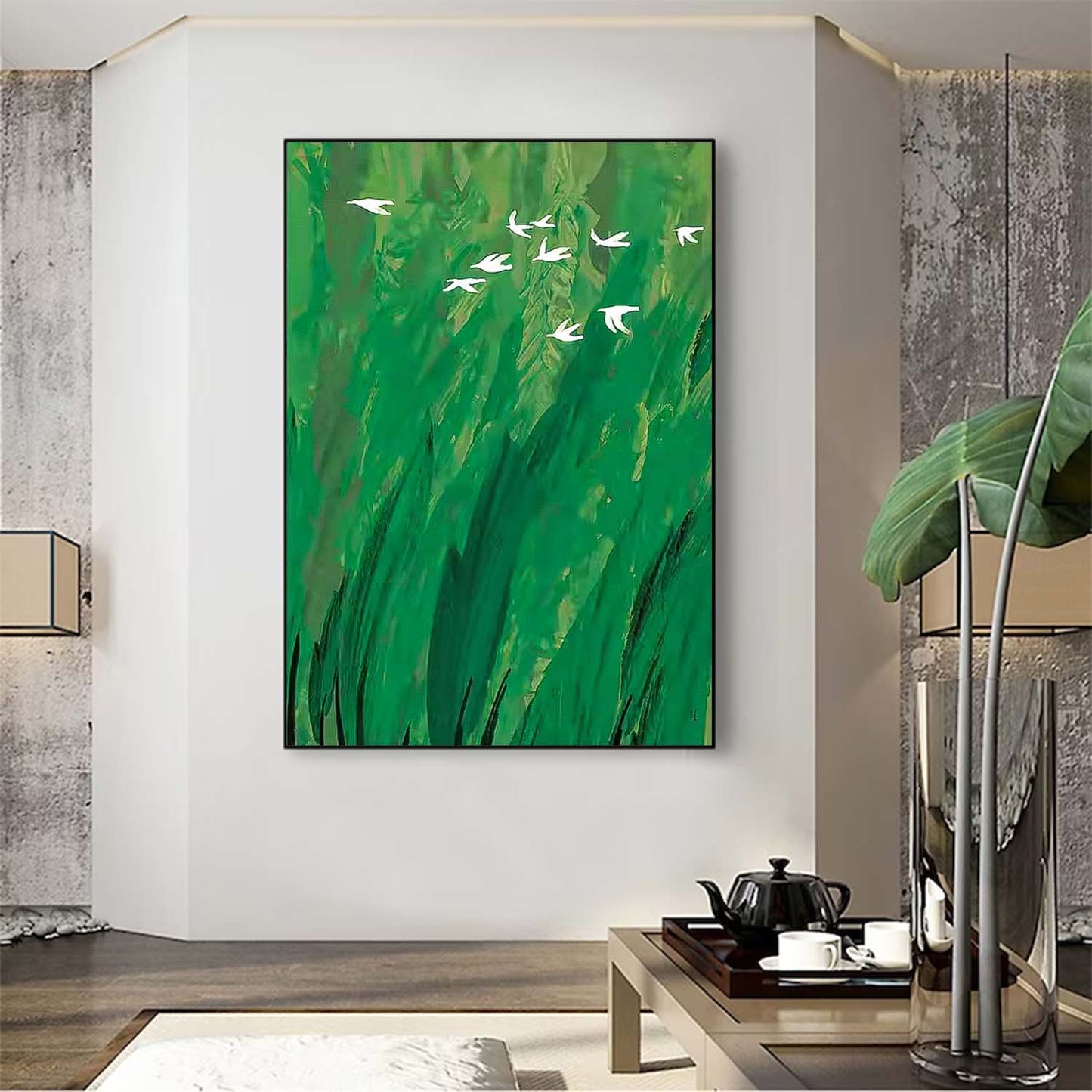 Serene Green Minimalist Oil Painting with White Birds in Flight