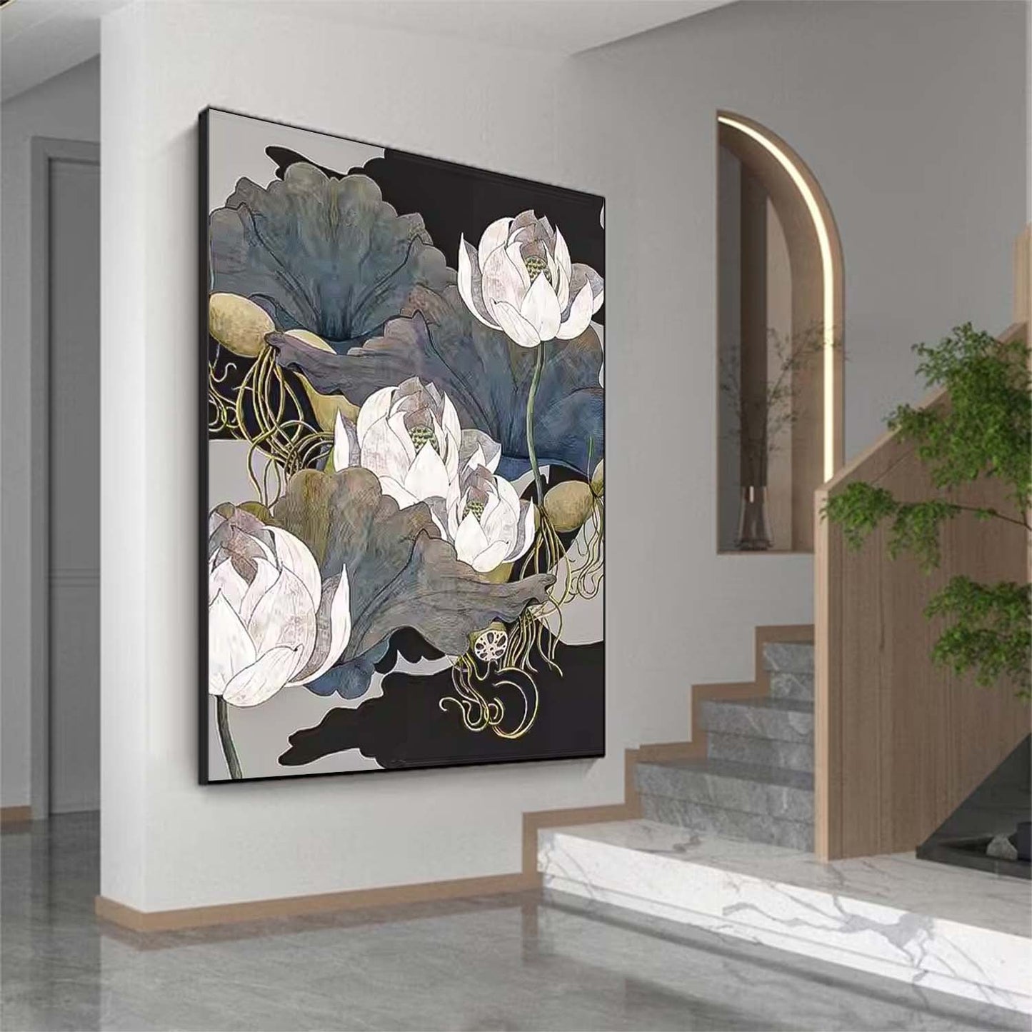 Elegant Flower Oil Painting - Serene Lotus Floral Wall Art for Home Decor