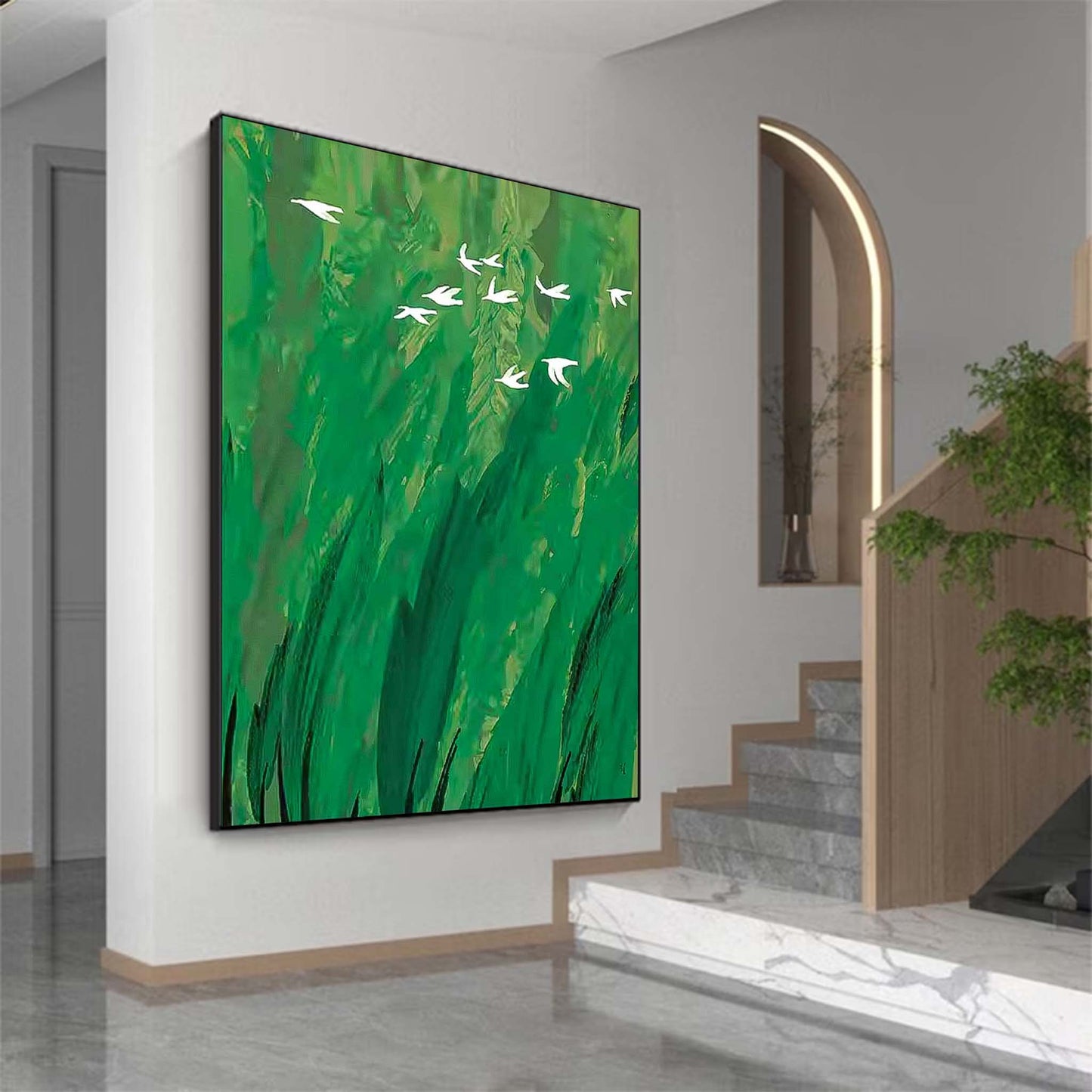 Serene Green Minimalist Oil Painting with White Birds in Flight