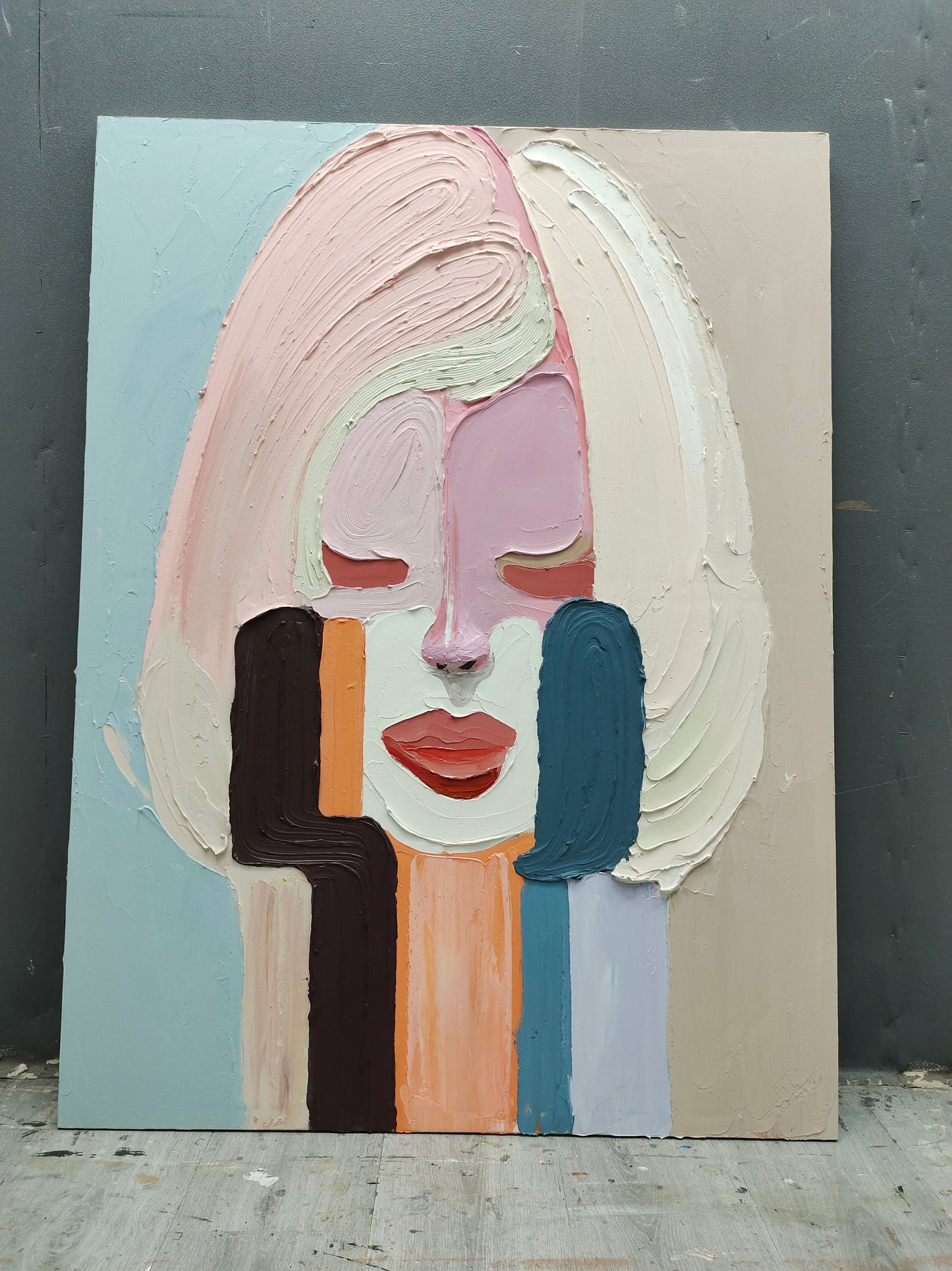 Contemporary Abstract Oil Painting of a Serene Woman with Soft Pastel Colors