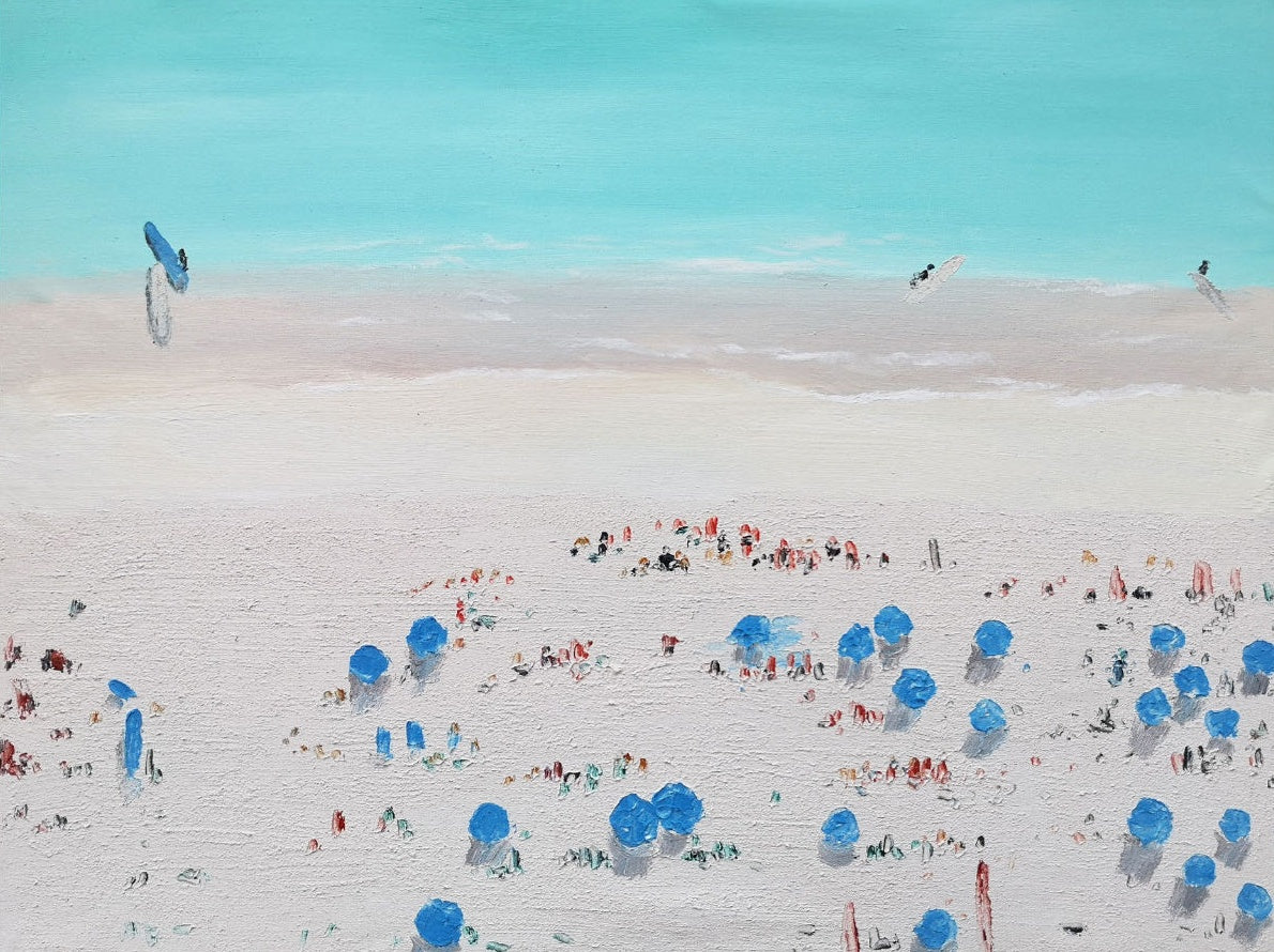 Vibrant Beach Scene Oil Painting with Colorful Umbrellas and Soft Sky