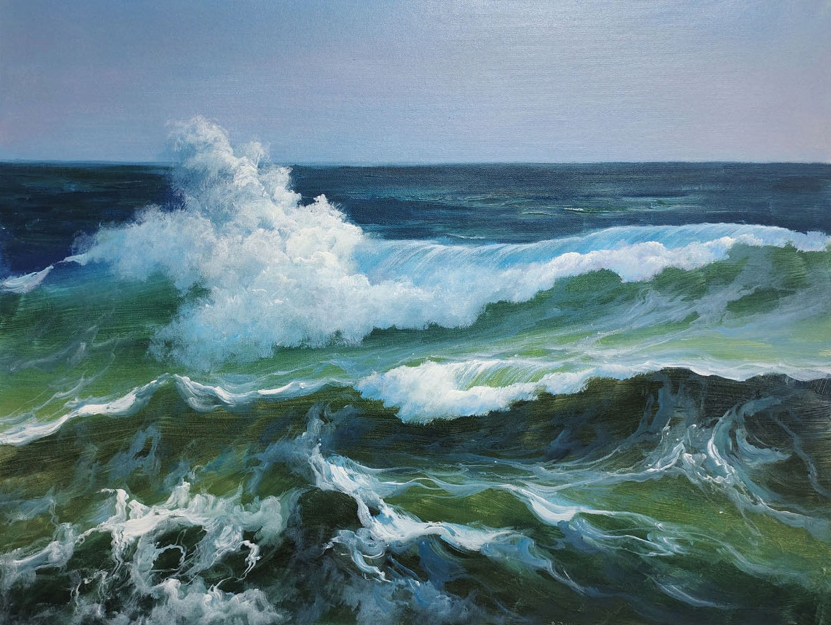 Vivid Ocean Waves: Hyperrealistic Oil Painting for Coastal Decor