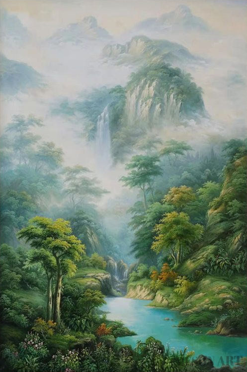 Serene Landscape Oil Painting of Lush Forest and Tranquil Waterfall in Hyperrealistic Style