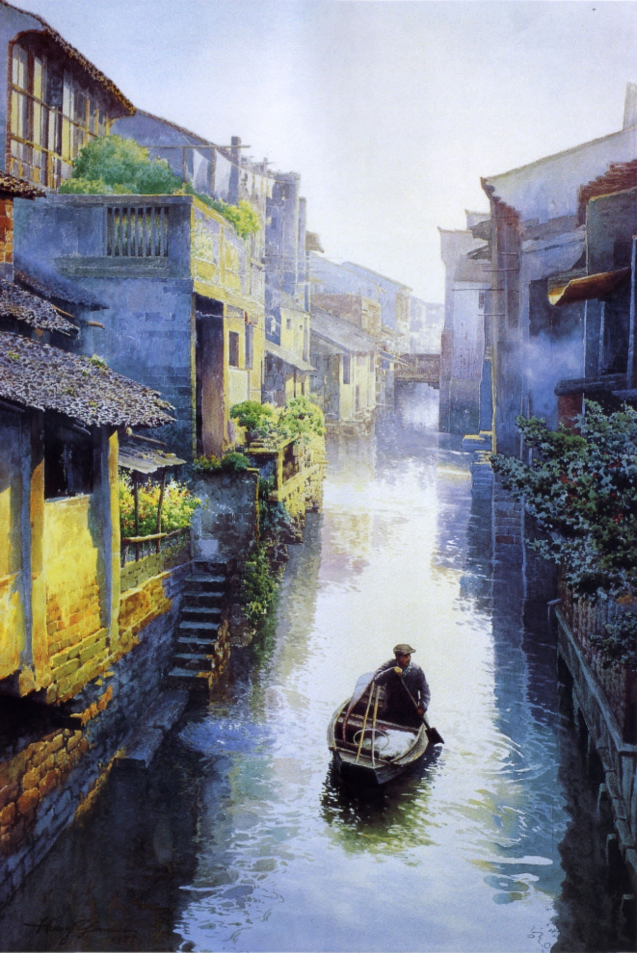 Tranquil Waterway: Stunning Hyperrealistic Oil Painting of a Serene Canal Scene