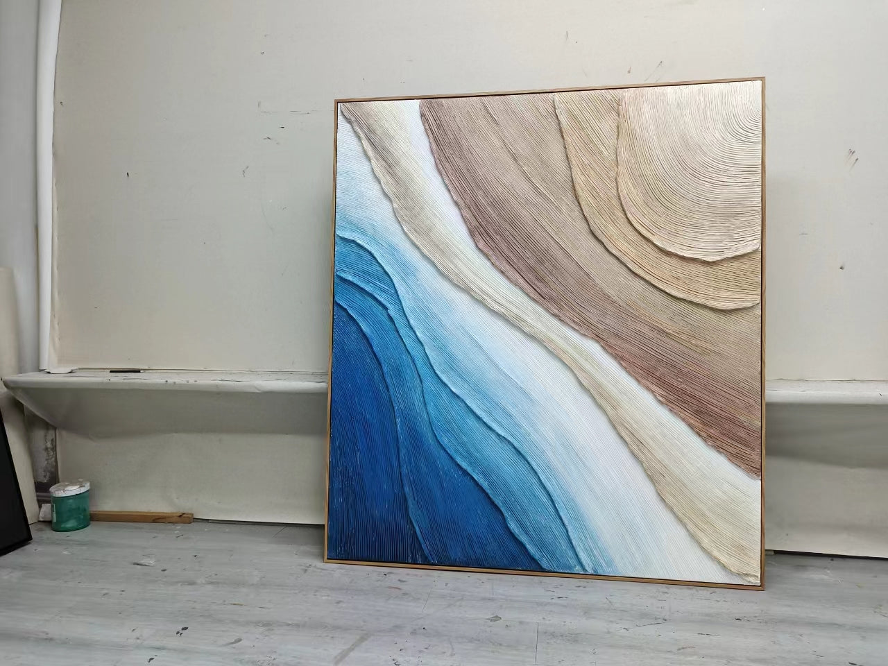 Abstract Ocean Waves Oil Painting with Textured Layers in Blues and Neutrals