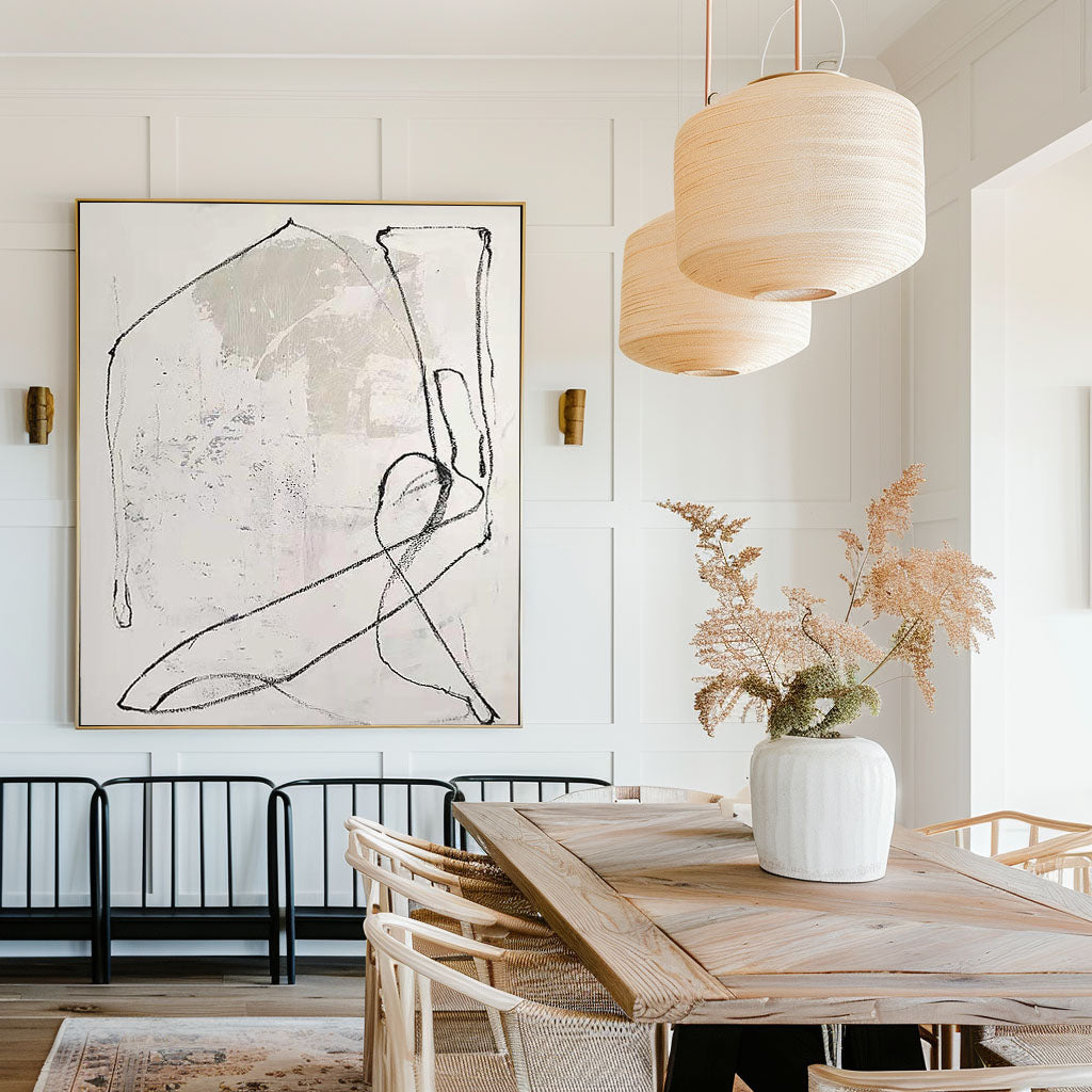 Contemporary White Abstract Oil Painting with Minimalist Line Art Design