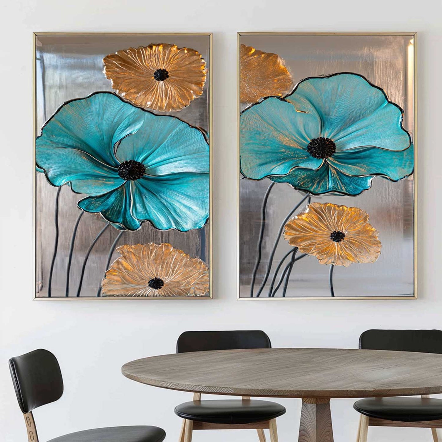 Elegant Blue and Gold Floral Abstract Oil Paintings for Modern Decor
