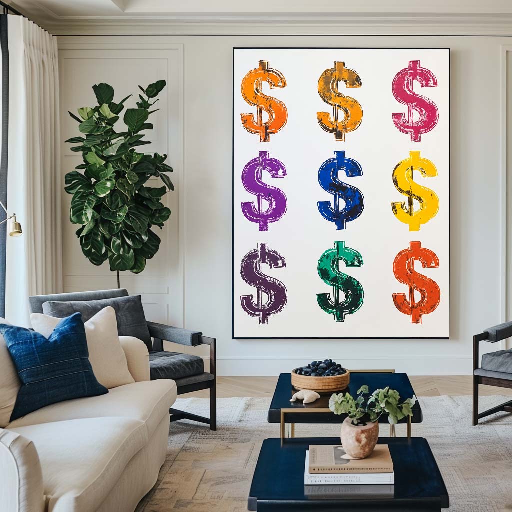 Colorful Dollar Sign Abstract Oil Painting for Modern Home Decor