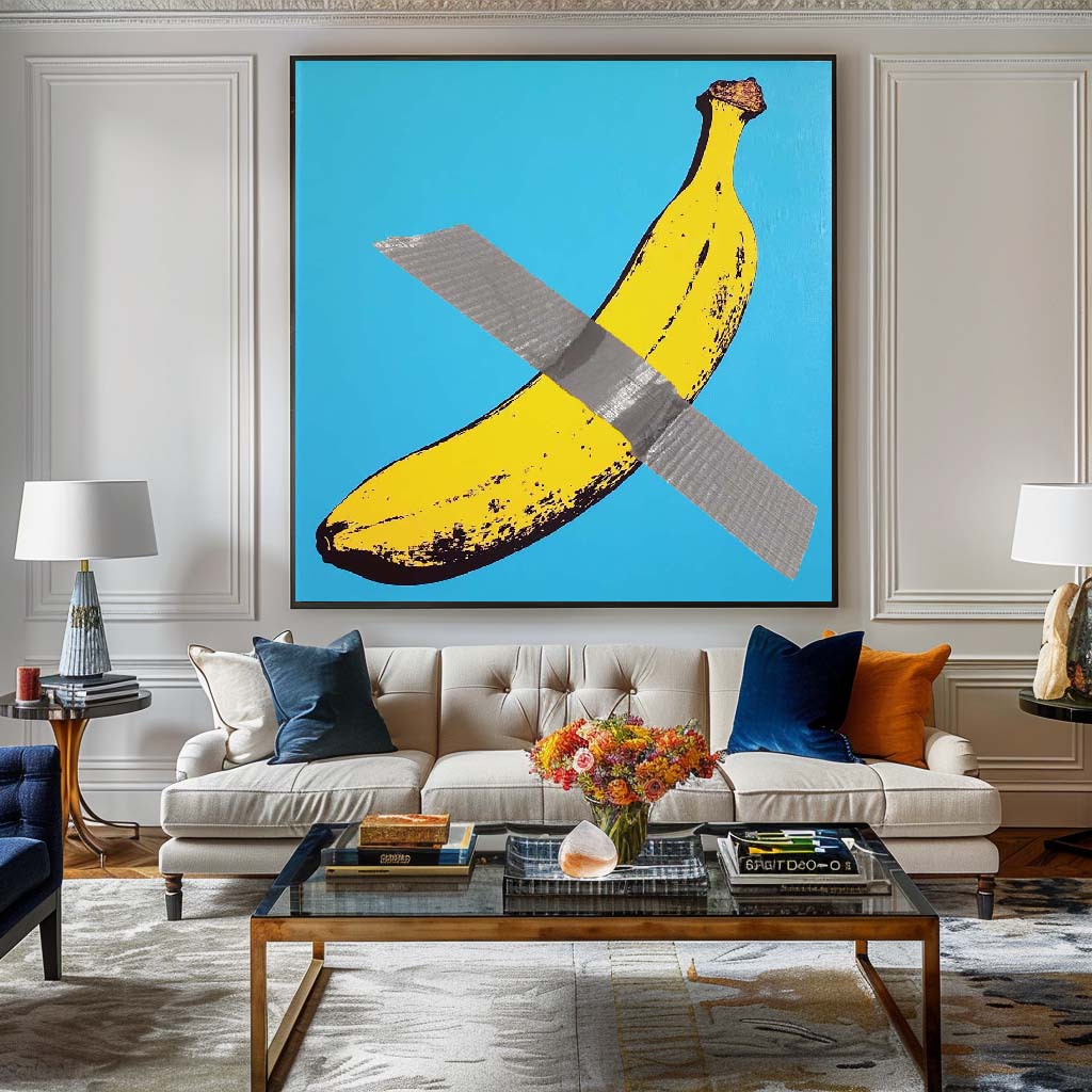 Colorful Banana Abstract Artwork with Tape on Vibrant Blue Canvas
