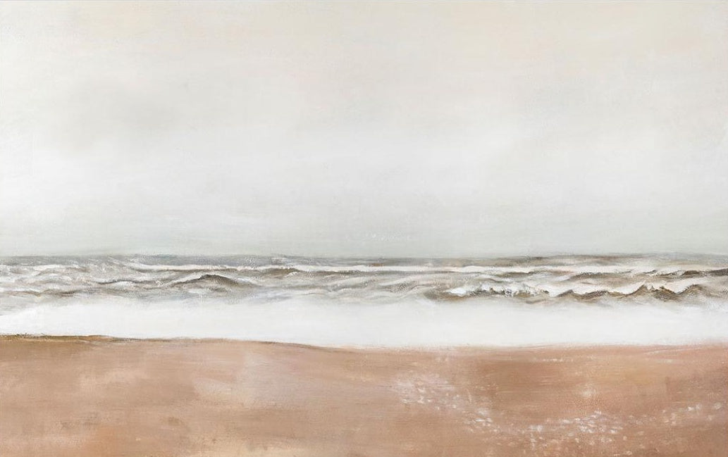 Serene Coastal Landscape Oil Painting, Beach Waves and Soft Sand Decor