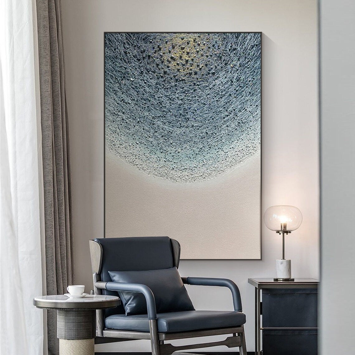 Serene Abstract Oil Painting in Blue Tones for Modern Home Décor