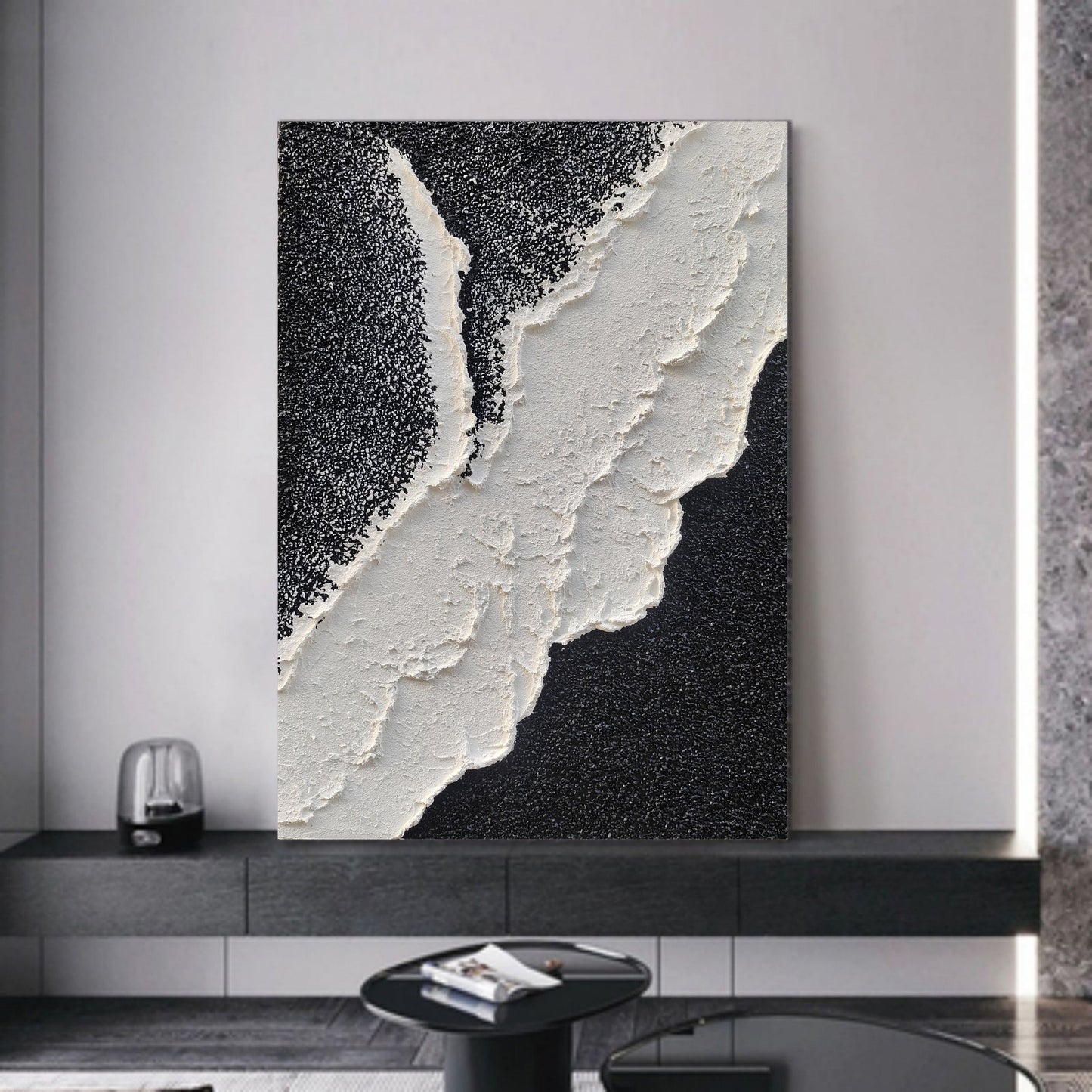 Modern Abstract Ocean Wave Oil Painting in Black and White Textures