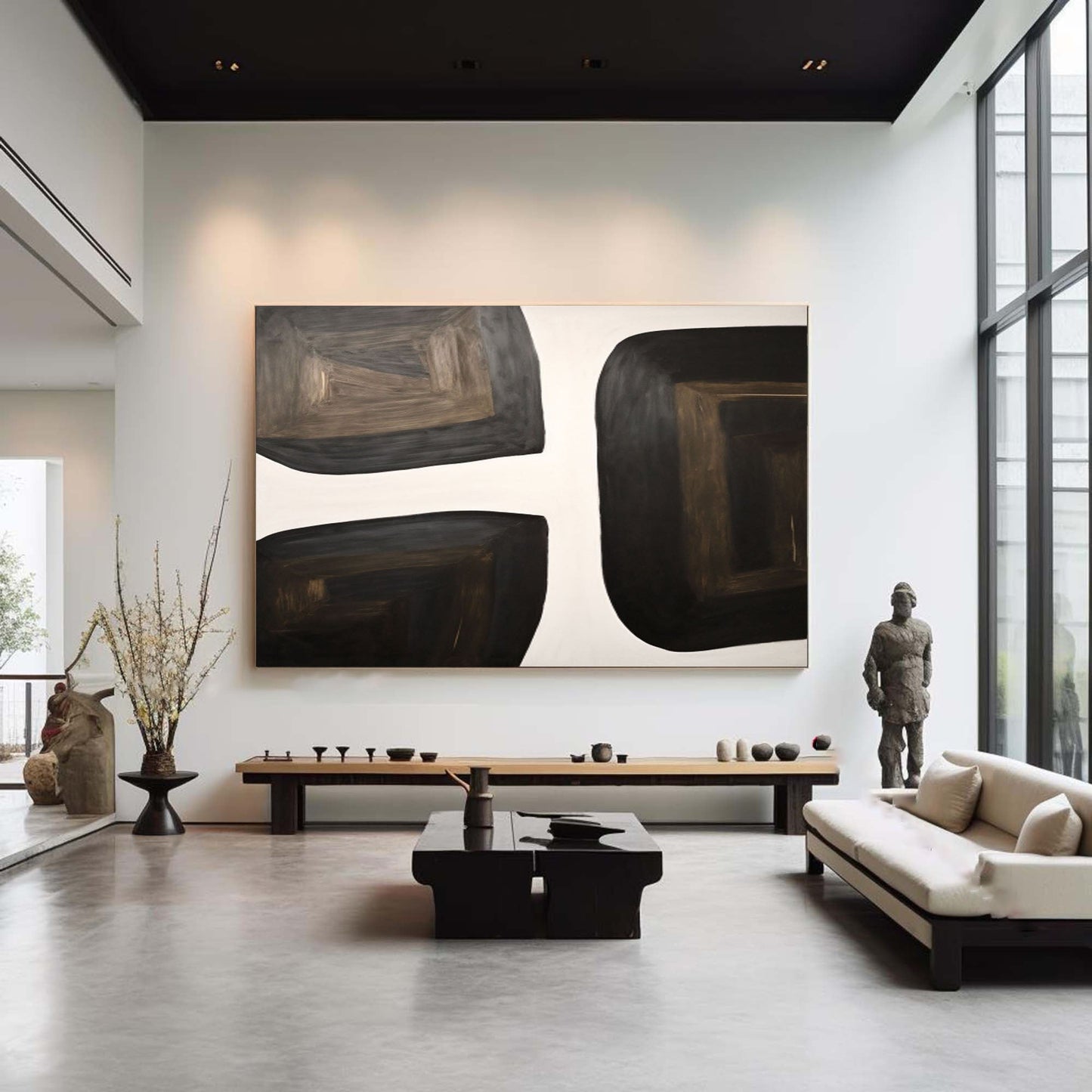 Modern Black and White Geometric Oil Painting for Contemporary Home Decor