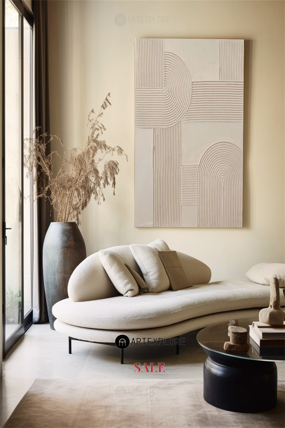 Contemporary Beige Abstract Relief Artwork for Modern Home Decor