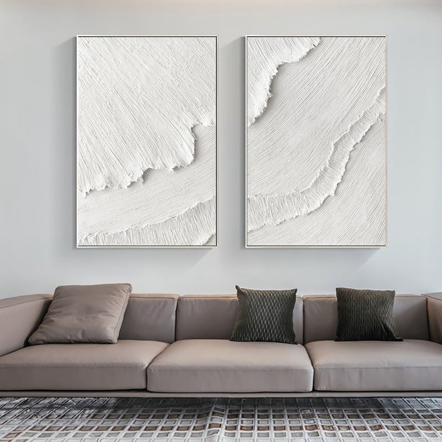 Minimalist White Textured Abstract Oil Paintings for Modern Home Decor Set of Two