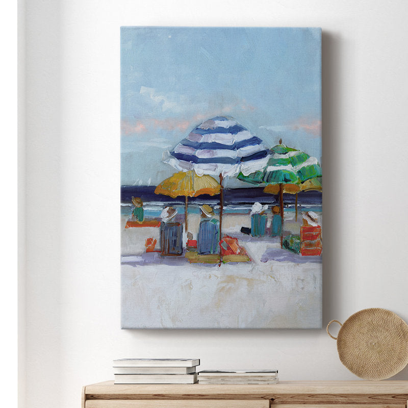 Vibrant Beach Day with Colorful Umbrellas and Relaxing Figures