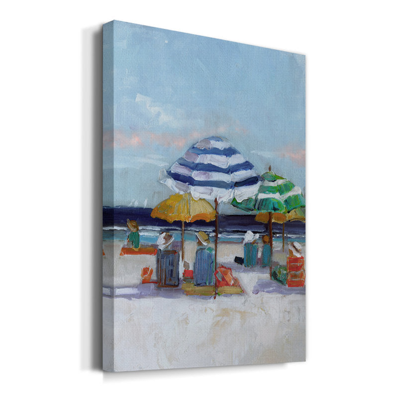 Vibrant Beach Day with Colorful Umbrellas and Relaxing Figures