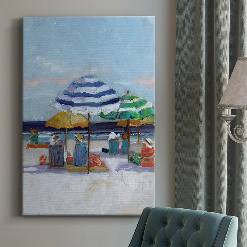 Vibrant Beach Day with Colorful Umbrellas and Relaxing Figures