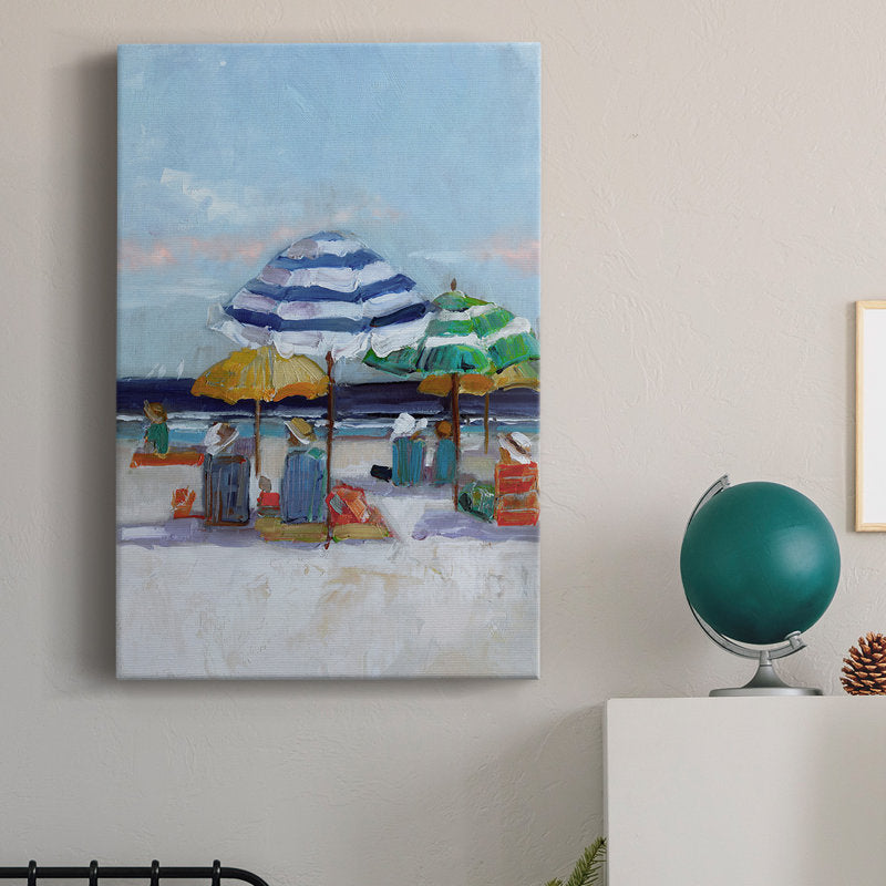 Vibrant Beach Day with Colorful Umbrellas and Relaxing Figures