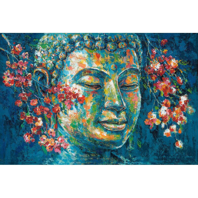 Vibrant Buddha Oil Painting with Floral Accents for Spiritual Serenity