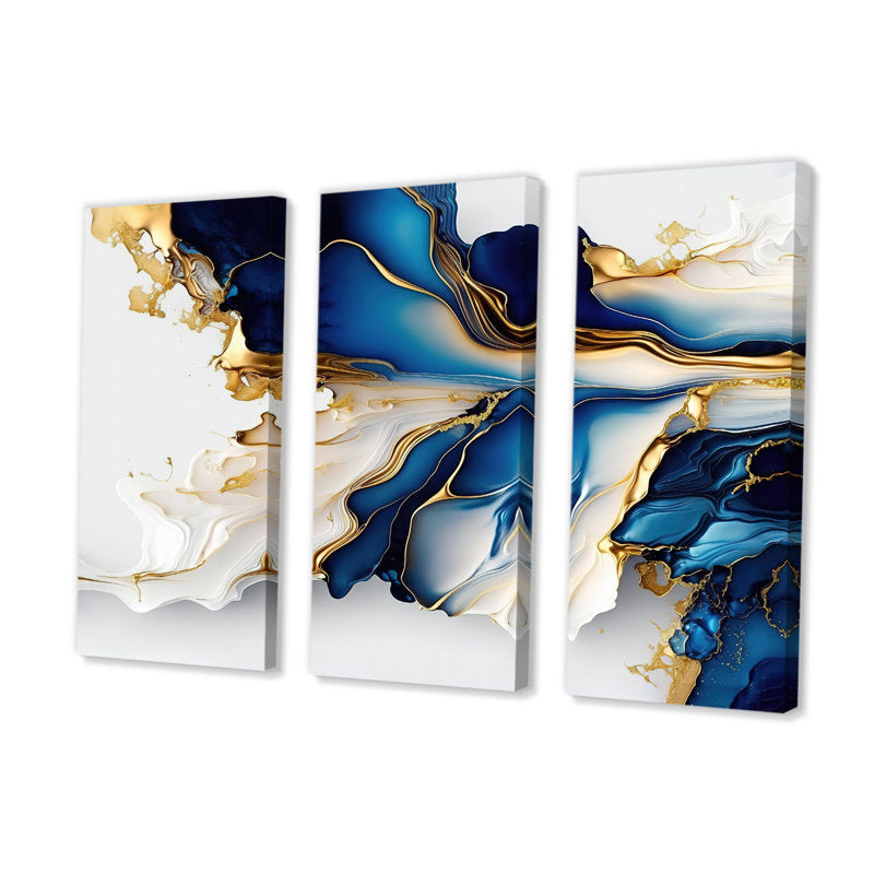 Elegant Abstract Gold and Blue Geode Triptych Artwork for Home Decor