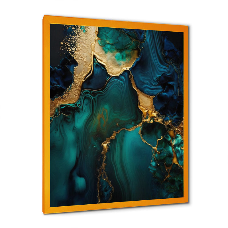 Elegant Green and Gold Abstract Geode Marble Oil Painting for Modern Décor