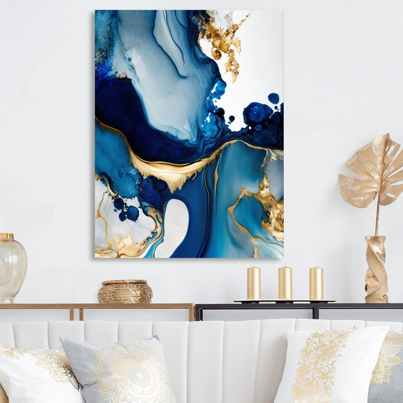 Stunning Abstract Blue Geode Art with Gold Accents for Elegant Home Decor