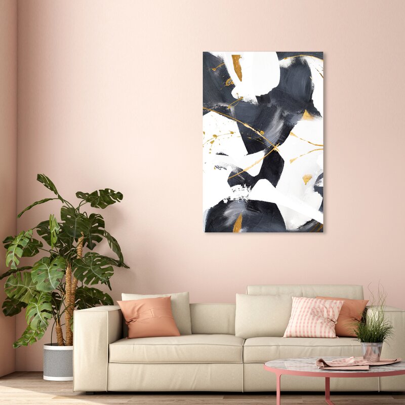 Abstract Monochrome Oil Painting with Gold Accents for Elegant Home Decor