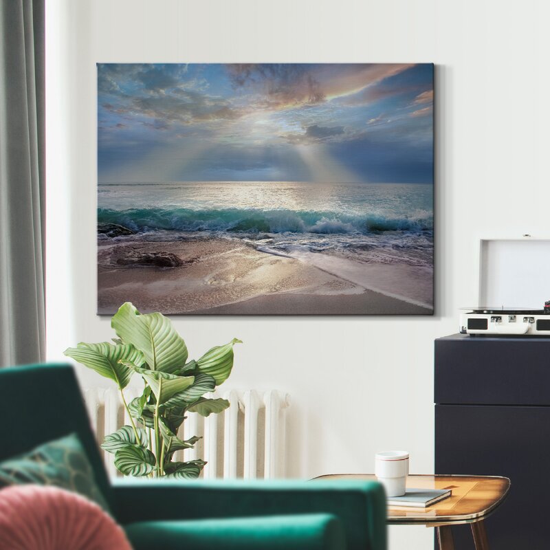 Tranquil Aqua Blue Ocean Sunrise Oil Painting for Serene Home Decor