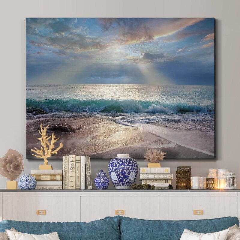 Tranquil Aqua Blue Ocean Sunrise Oil Painting for Serene Home Decor