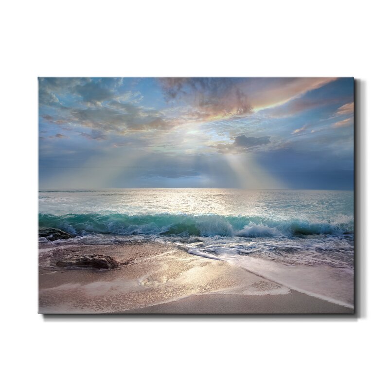 Tranquil Aqua Blue Ocean Sunrise Oil Painting for Serene Home Decor